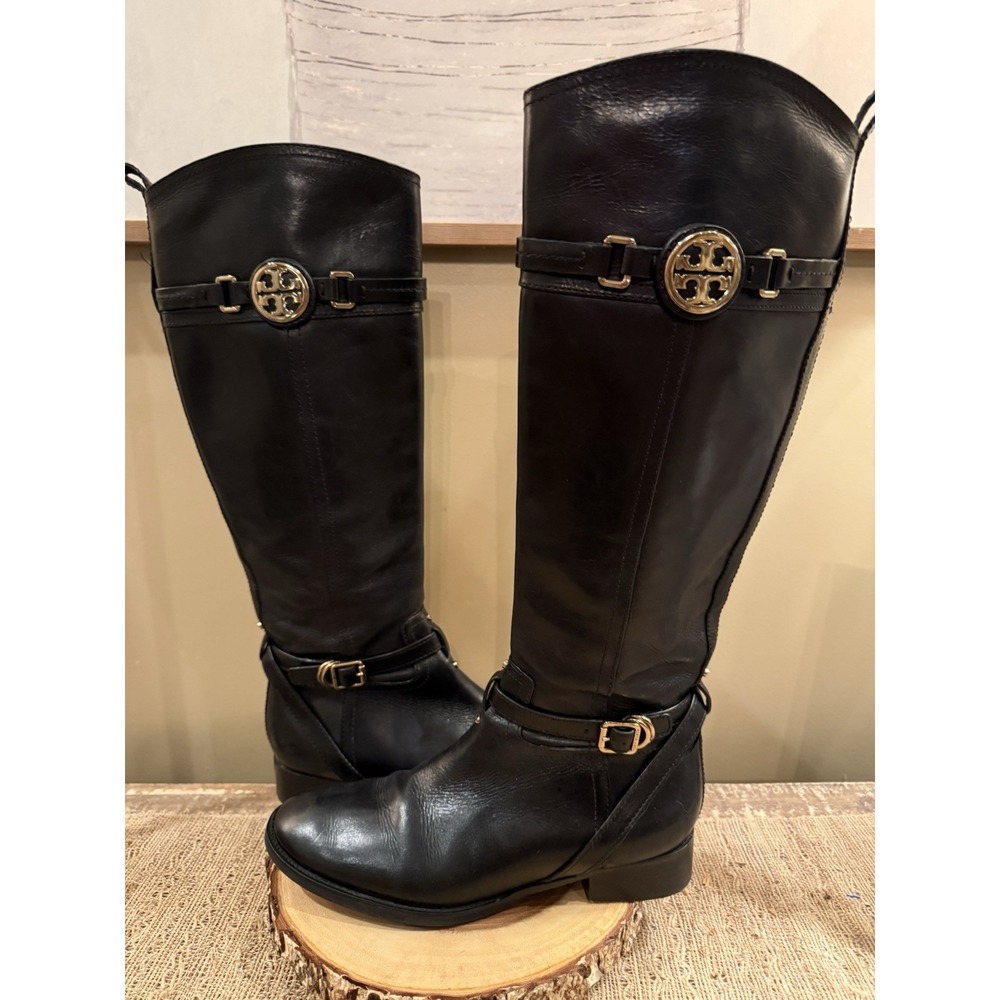 Tory Burch Black Calista Leather Tall Riding Knee High Boots Gold Logo 9.5